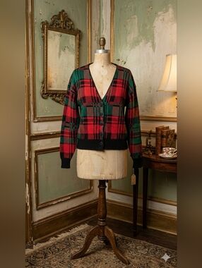 VINTAGE Snap by Knit-Set Plaid Cardigan Sweater Red & Green 90s Grunge